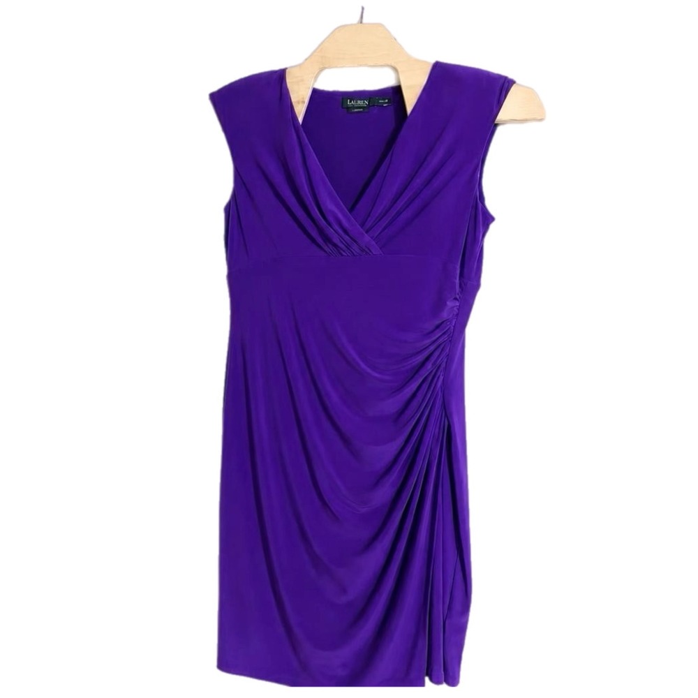 Lauren Ralph Lauren Dress Women Plus 16 Purple Ruched Surplice Sheath V-Neck